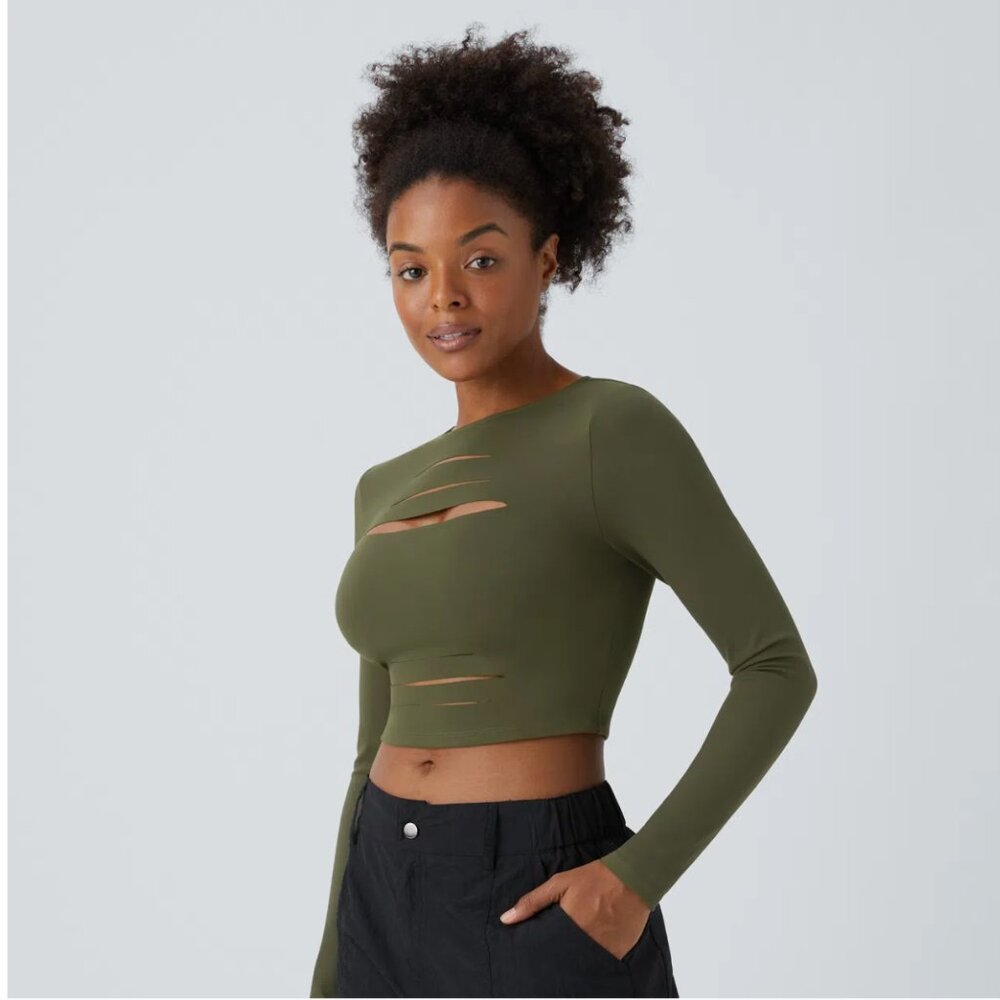 Halara Cut-Out Distressed Cropped Long Sleeve Top – Green – XL (16)